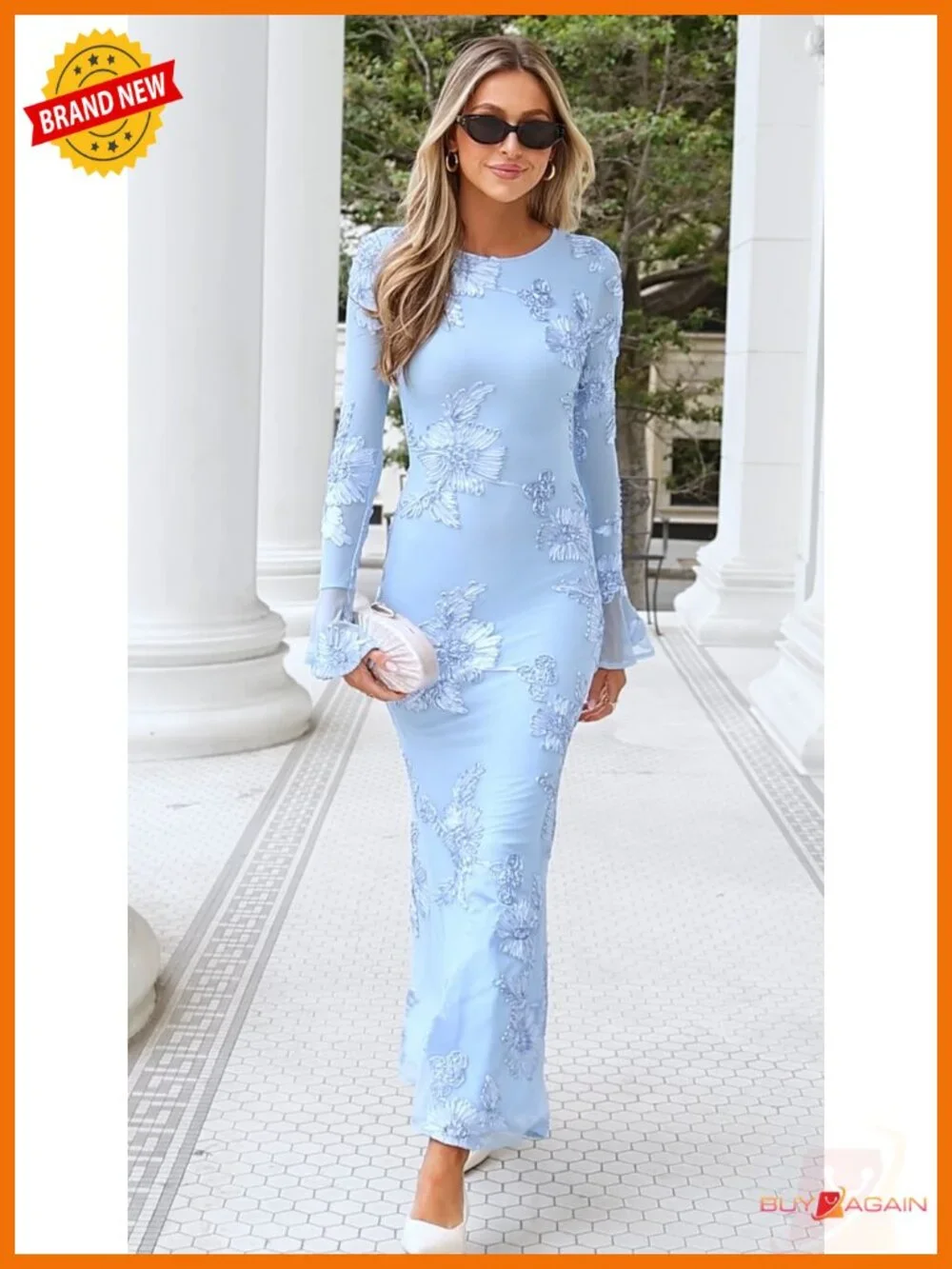 Women's Floral Mesh Maxi Bodycon Dress Bell Sleeve Party